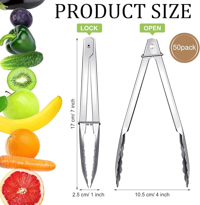 Meanplan 50 Pcs Small Stainless Steel Kitchen Tongs 7 Inch Food Serving Tongs Metal Cooking Clips High Heat Resistant Clips with Sliding Rings for Buffet Food Cooking Salad Grilling, Silver - Image 4
