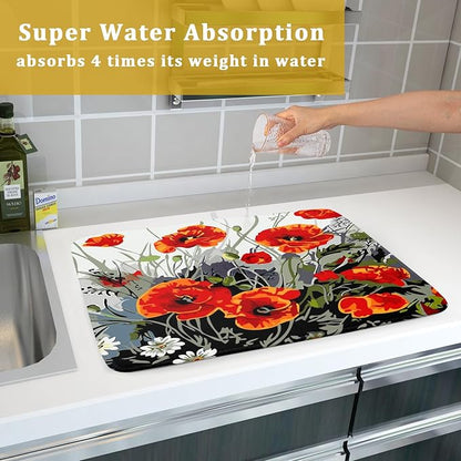 Giwawa Poppy Dish Drying Mat 18x24 inch for Kitchen Vintage Red Orange Floral Dish Drying Pad Oil Painting Flower Dish Drainer Mats Absorbent Microfiber Protector for Countertop Coffee Bar