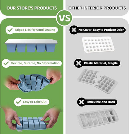FANYITY Silicone Ice Cube Tray with Lid, Blue, Pack of 2 Ice Cube Moulds, Silicone Mould, BPA-Free, Stackable Ice Cube Tray, Ice Cube Trays for Baby Porridge, Cocktail, Whiskey, Coffee