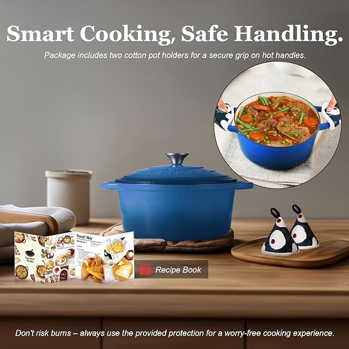 Overmont Enameled Cast Iron Dutch Oven - 7QT Pot with Lid Cookbook & Cotton Potholders - Heavy-Duty Cookware for Braising, Stews, Roasting, Sourdough Baking blue - Image 6