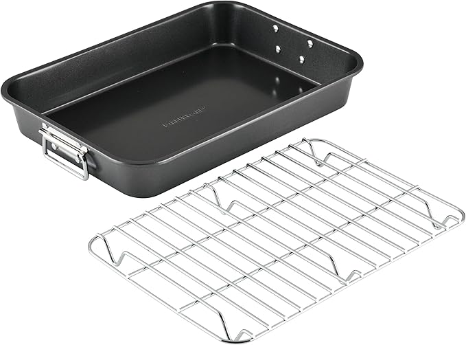 Farberware Bakeware Nonstick Steel Roaster with Flat Rack, 11-Inch x 15-Inch, Gray - Image 11