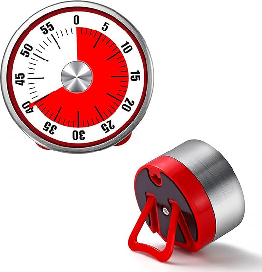 Kitchen Magnetic Visual Cooking Mechanical Timer with Loud Alarm, No Batteries Required, Stainless Steel, Countdown 60 Minute Wind Up Timer for Study, Chef, Teacher, Office (Red with Bracket)