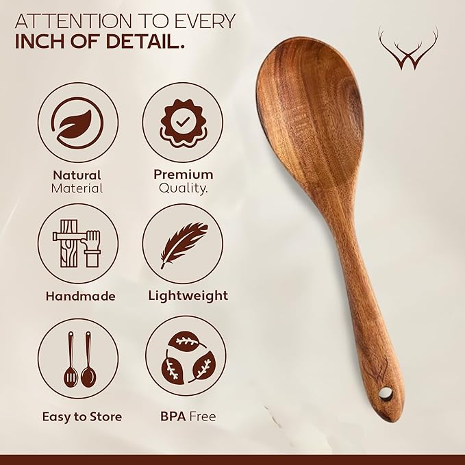 7 Pcs Teak Wooden Kitchen Utensils – Handcrafted Wooden Cooking Utensils Set with Holder, Elegant Wooden Spoons for Cooking & Timeless Utensil Set for Daily Use - Teak Utensils Set for Cooking - Image 6