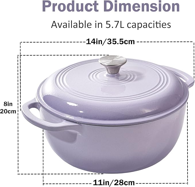 Vivicreate 6 Quart Enameled Cast Iron Dutch Oven Pot with Lid Heavy Duty Dutch Oven for Bread Baking Braising Stews Roasting Oven Safe up to 500°F Dual Handles Purple (Purple)