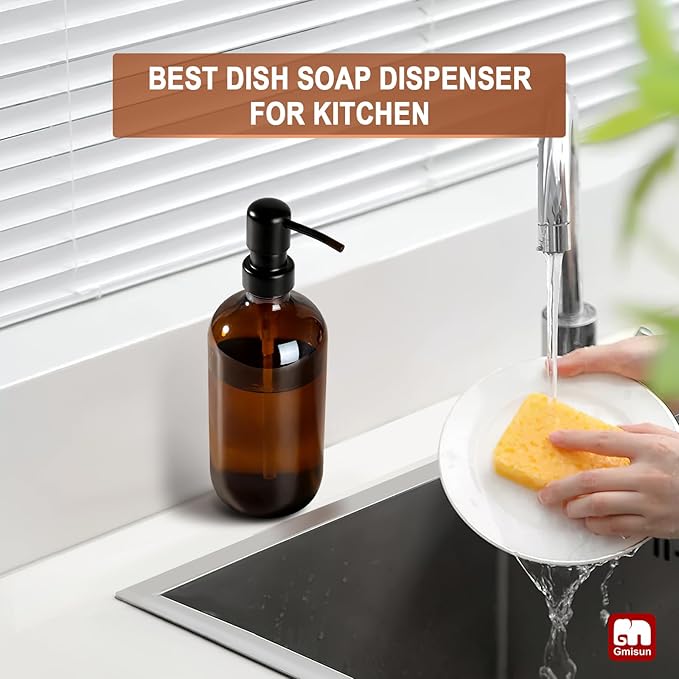 GMISUN Amber Glass Soap Dispenser, 1 Pack Dish Soap Dispensers for Kitchen with Rustproof Stainless Steel Pump, 17 Fl Oz Bathroom Hand Soap Dispenser, Brown Liquid Dishwashing Dispensers Bottle - Image 6