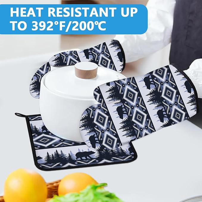 Vintage Rustic Bear Oven Mitts and Pot Holders Sets Heat Resistant 4Pcs Potholders Oven Gloves Hot Pads for Kitchen Baking Cooking Grilling BBQ