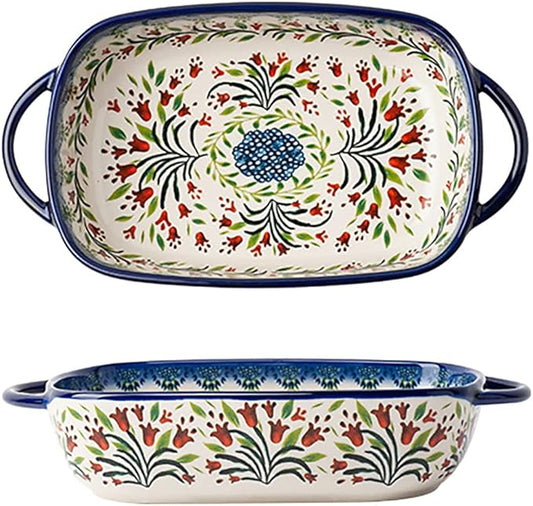 Vintage Style Tulip Flower Pattern Ceramic Bakeware Casserole Dish Baking Pan Lasagna Pans Baking Dish with Handles for Oven/Cooking/Kitchen-1 PCS-22 OZ by Bicuzat