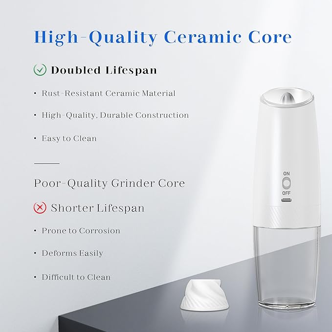 UNNEES Rechargeable Electric Salt and Pepper Grinder Set, Gravity Activated, Adjustable Coarseness, LED Light, USB Charging, Ceramic Core, 150ml Transparent Hopper, Black + White - Image 4
