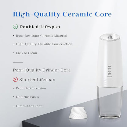 UNNEES Rechargeable Electric Salt and Pepper Grinder Set, Gravity Activated, Adjustable Coarseness, LED Light, USB Charging, Ceramic Core, 150ml Transparent Hopper, Black + White - Image 4