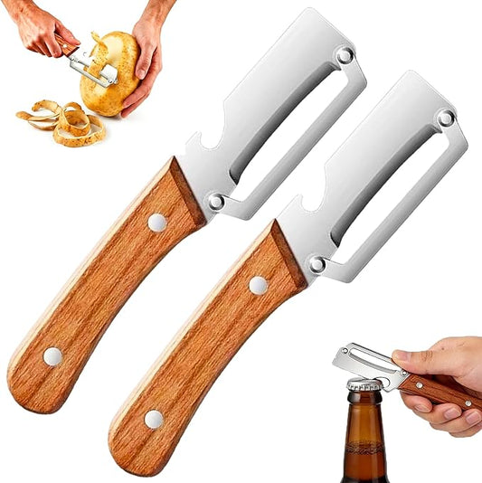 2PCS Multifunctional Vegetable Peeler with Bottle Opener, Wood Handle Stainless Steel Peeler Knife, 2 in 1 Vegetable and Fruit Peeler & Kitchen Tool for Potato, Pumpkin, Apple, Papaya, Carrot
