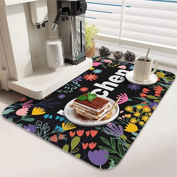 Dish Drying Mat for Kitchen Counter 2 Pack with Non-Slip Rubber Backing - Heat-Resistant Absorbent Coffee Bar Mat, Dish Rack Mat, Black Kitchen Flowers Dish Drying Mats 18x24+19.5x12 inch
