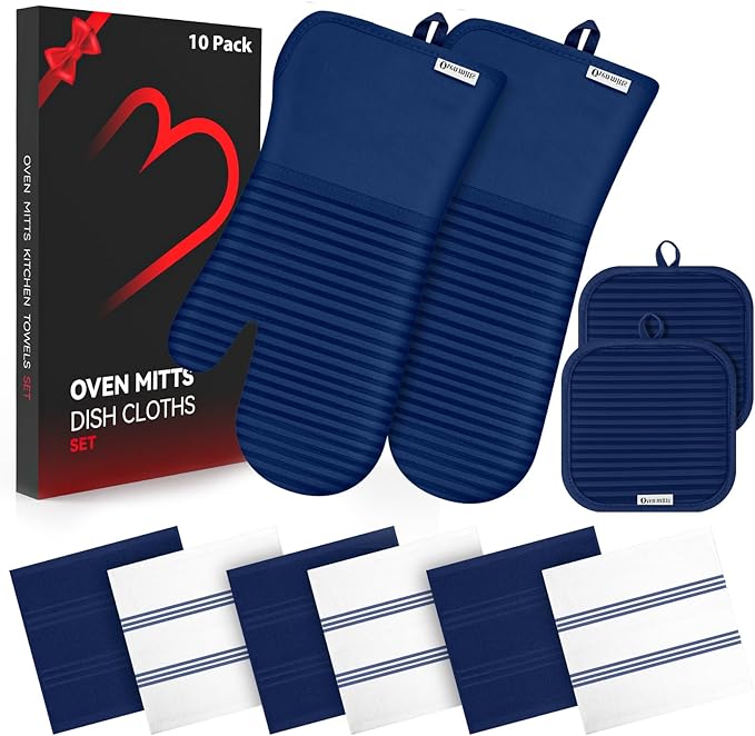Oven Mitts and Pot Holder Sets with Silicone Grip, 500°F Heat Resistant-6 Pack Dishcloth/Dish Towels for Kitchen 100% Cotton-Value Kitchen Essentials for Cooking, Baking, Grilling-Marine Blue by KacNacPro