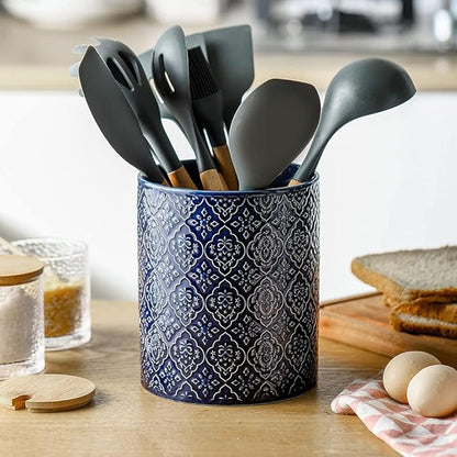 KOOV Kitchen Utensil Holder, Large Utensil Holders for Countertop, 6 x 7 Inches Ceramic Utensil Crock, Deep and Stable, Cooking Utensil Holder, Embossed Pattern (BLue) - Image 7