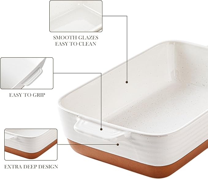 MALACASA Baking Dish 4.8 Qt Ceramic Casserole & Lasagna Pan, 9x13 Inch Deep Rectangular Oven Safe Dish with Handles for Baking, Roasting, Serving (Khaki & White) - Series Tara - Image 5