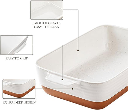 MALACASA Baking Dish 4.8 Qt Ceramic Casserole & Lasagna Pan, 9x13 Inch Deep Rectangular Oven Safe Dish with Handles for Baking, Roasting, Serving (Khaki & White) - Series Tara - Image 5