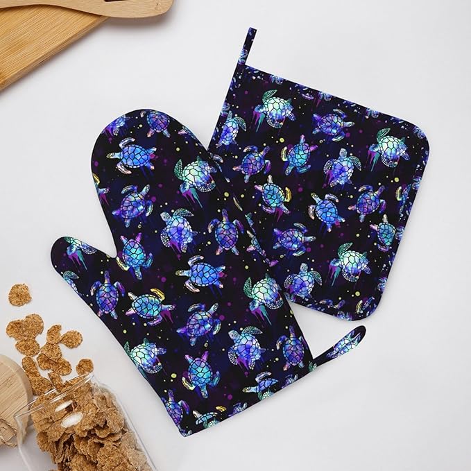 Sea Turtle Oven Mitts and Pot Holders Set - Heat Resistant, Non-Slip Silicone Kitchen Gloves for Cooking, Baking, Grilling, BBQ - Waterproof & Easy Clean Kitchen Accessories