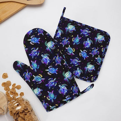 Sea Turtle Oven Mitts and Pot Holders Set - Heat Resistant, Non-Slip Silicone Kitchen Gloves for Cooking, Baking, Grilling, BBQ - Waterproof & Easy Clean Kitchen Accessories