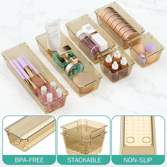 WOWBOX 9 Pack Clear Drawer Organizer Set, Acrylic Drawer Storage Trays, Storage Bins for Makeup, Cosmetics, Jewelries, Utensils, Gadgets, Office, Champagne - Image 3