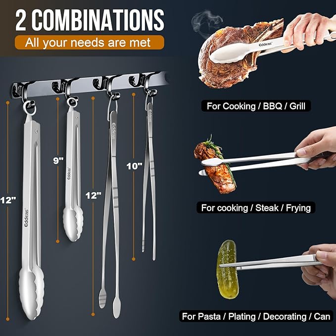 Eddeas Tongs For Cooking - Heat Resistant 600 Degrees, All Metal Kitchen Tweezers Tongs, Heavy Duty Stainless Steel Cooking for Food, Grill, BBQ, Dishwasher safe Set of 4 (12" & 9in) - Image 2