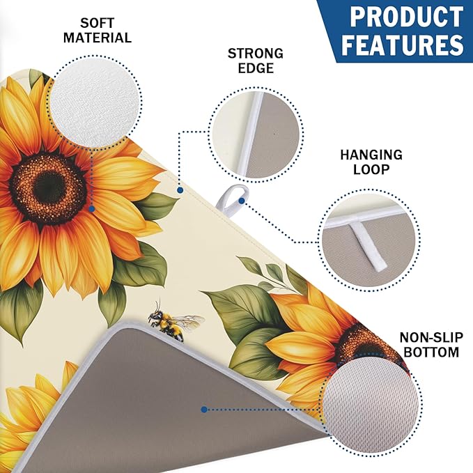 Spring Summer Dish Drying Mat 18x24 Inch Absorbent Reversible Sunflower Drying Mat Sunflower Bee Dish Drying Rack Mat Yellow Summer Themed Dish Drainer Mat for Kitchen Counter Coffee Bar