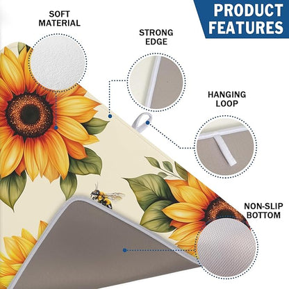 Spring Summer Dish Drying Mat 18x24 Inch Absorbent Reversible Sunflower Drying Mat Sunflower Bee Dish Drying Rack Mat Yellow Summer Themed Dish Drainer Mat for Kitchen Counter Coffee Bar