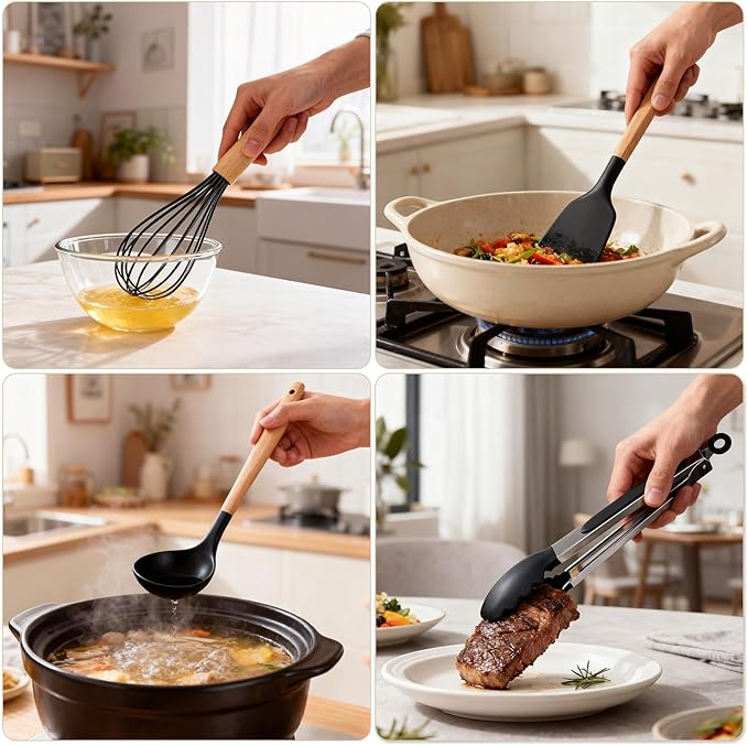 Silicone Cooking Utensil Set,12 PCS Cooking Cookware Kitchen Utensils Set for Cooking, Nonstick 446°F Heat-Resistant Cookware Kitchen Tools of Spoon,Brush,Whisk,Spatula,Turner Tongs (Black) - Image 7
