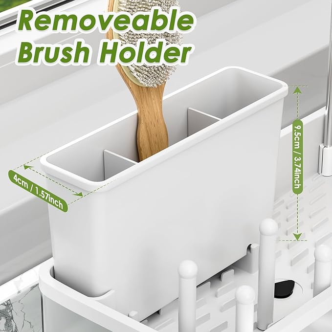 Ewaiira Stainless Steel Sink Caddy, Sponge Holder for Kitchen Sink with Brush Holder & Dishcloth Rack, Rustproof Organizer Countertop, Soap Dispenser Kitchen Organizers Storage Essentials, White 9.8″ - Image 8