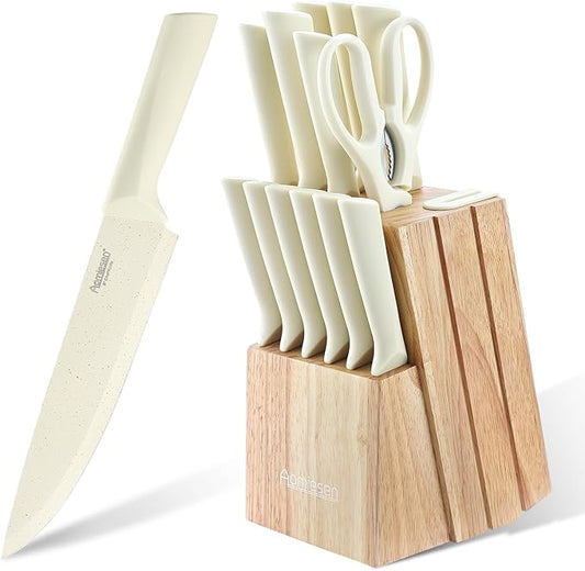Stainless Steel Knife Set, Knife Block Sets with Built-in Sharpener,15-Piece Block Set with Block and Ergonomic Handles