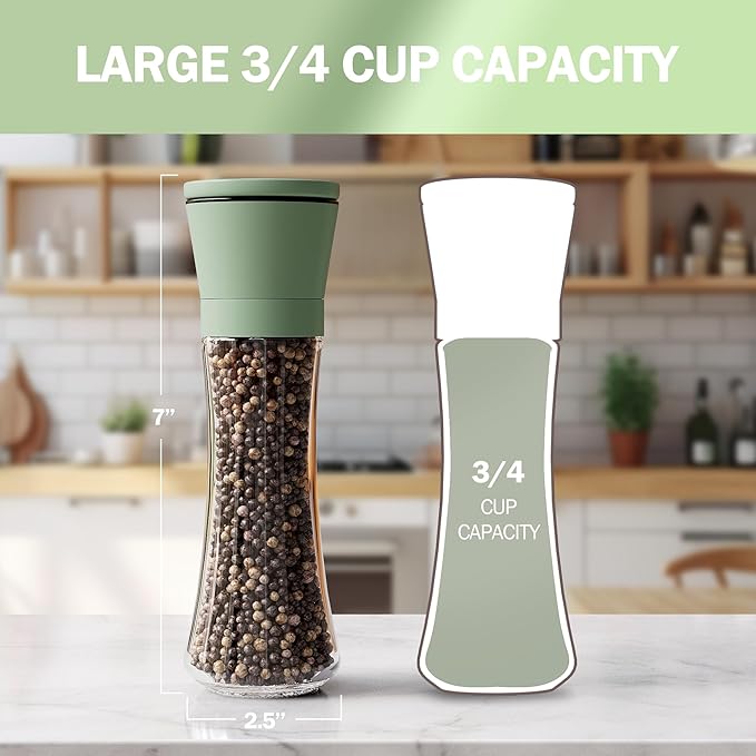 Home EC Premium Green Sea Salt and Pepper Grinder Set of 2 - Adjustable Ceramic - Tall Glass Salt and Pepper Shakers - Kitchen Pepper Mill & Salt Mill W/Funnel & EBook - Image 7