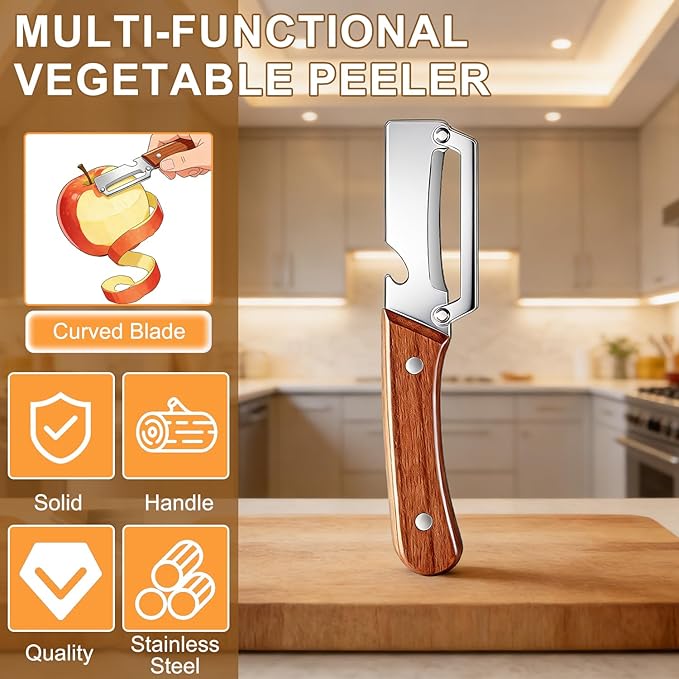 2PCS Multi Functional Premium Vegetable Peeler with Wooden Handle and Bottle Opener,Stainless Steel Blade Kitchen Tool for Fruit Apple Potato Pumpkin Papaya Carrot - Image 8