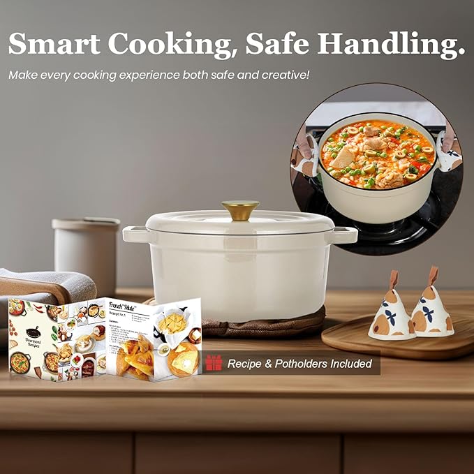 Overmont Enameled Cast Iron Dutch Oven - 5QT Pot with Lid Cookbook & Cotton Potholders - Heavy-Duty Cookware for Braising, Stews, Roasting, Sourdough Baking Cream white - Image 5