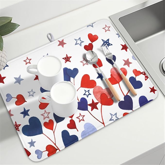 4th of July Dish Drying Mat for Kitchen Counter Patriotic Red Blue Star Love Heart Pattern Microfiber Dish Drainer Mat Independece Day Absorbent Washable Drying Pad Extra Large 18"x24"