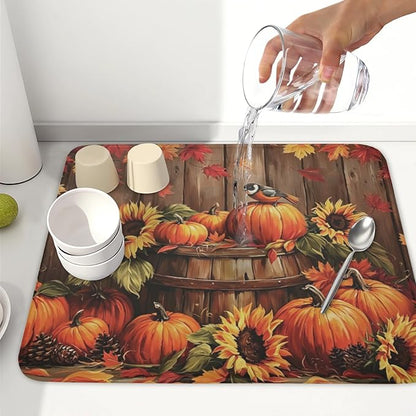 Fall Pumpkin Dish Drying Mat for Kitchen Counter Thanksgiving Autumn Harvest Pumpkin Microfiber Dish Drainer Mat Rustic Farmhouse Absorbent Washable Drying Pad 16"x18"
