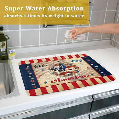 4th of July God Bless Dish Drying Mat for Kitchen Counter,American Flag Star Patriotic Independence Day Drying Mat 18 x 24 Inch with Absorbent Reversible Microfiber Drying Pad for Coffee Bar - Image 7