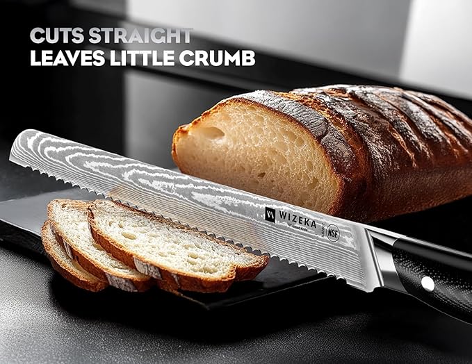 WIZEKA 10 inch Damascus Serrated Bread Knife for Homemade Bread: Razor Sharp VG10 Damascus Steel Multifunction Serrated Knife for Slicing Homemade Bread, Bagels, Cake - Image 2