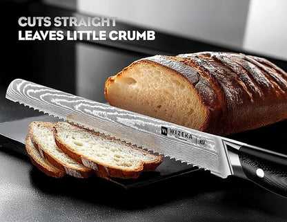 WIZEKA 10 inch Damascus Serrated Bread Knife for Homemade Bread: Razor Sharp VG10 Damascus Steel Multifunction Serrated Knife for Slicing Homemade Bread, Bagels, Cake - Image 2