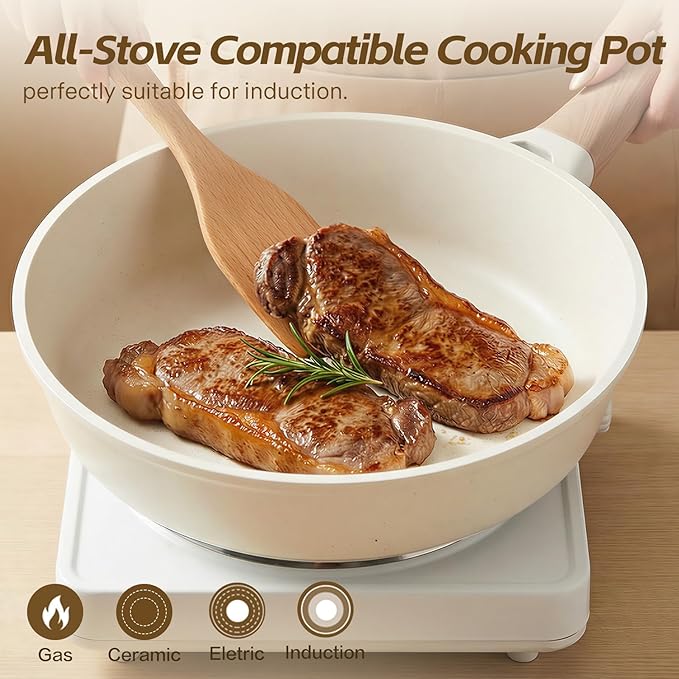 Ceramic Nonstick Frying Pan with Lid, 4.0 QT Sauté Pan Large Capacity Skillet, Non Stick Deep Frying Pan Induction Compatible White Granite Coating PFOA/PFAS Free Non-toxic Healthy Kitchen Cookware - Image 4