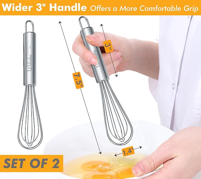 Webake 7.5" Stainless Steel Mini Whisks, 304 Small Metal Whisk for Professional or Home Set of 2 - Image 2