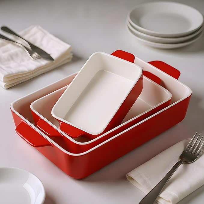 Kook Ceramic Bakeware Set, Rectangular Baking Dishes, For Casseroles, Lasagna, Cake, Small, Medium & Large Pans, Microwave & Dishwasher Safe, Set of 3, Cherry - Image 3