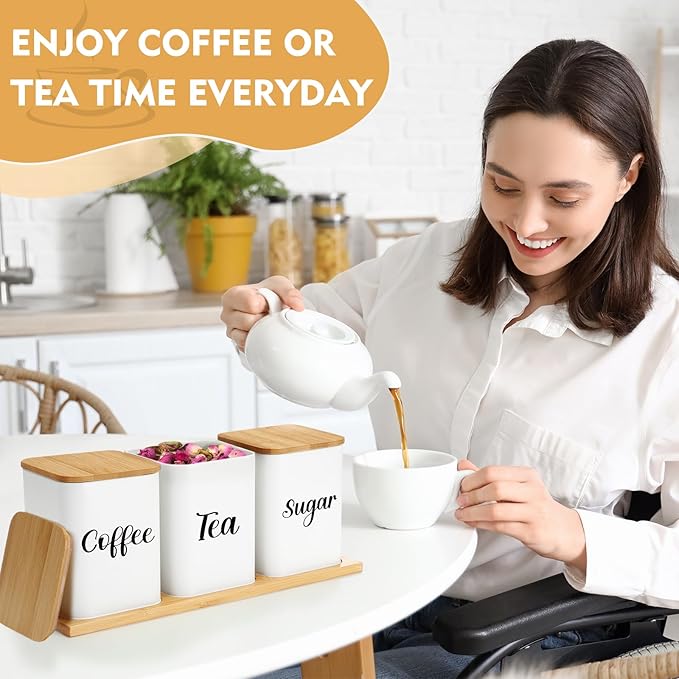 Tioncy Coffee Tea Sugar Container with Tray Set of 3 Airtight Metal Canister with Bamboo Lid Tray for Kitchen Counter Dining Room Farm House Kitchen Style Drink Station Organizer Set(White) - Image 6
