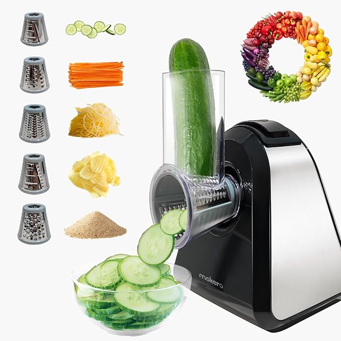Mokero 5 in 1 Electric Cheese Grater for Block Cheese, Kitchen Automatic Cheese Shredder & Salad Shooter, Easy to Clean Vegetable Chopper for Cheese,Cucumber, Potato, Carrots, Nut by Mokero