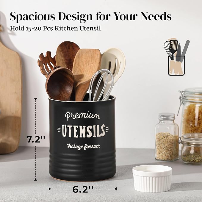 DOWAN 7.2″ Extra Large Utensil Holder, Farmhouse Utensil Holder for Kitchen Counter, Ceramic Utensil Crock with Protection Cork Mat, Utensil Storage for Kitchen Decor & Housewarming Gift, Matte Black - Image 2