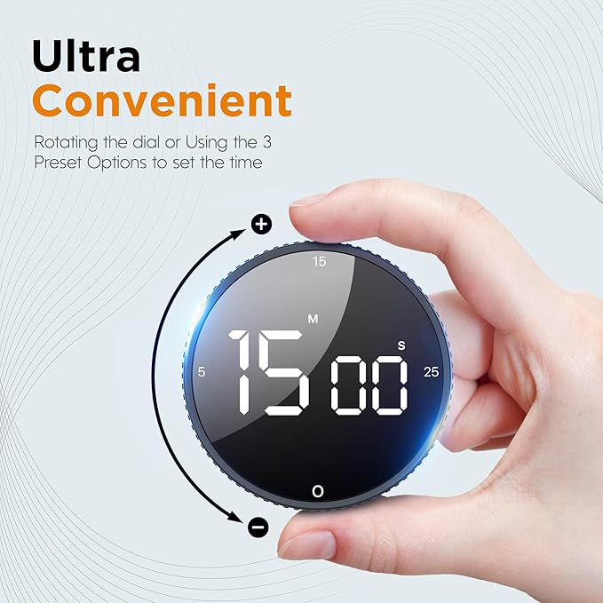Upgrade Digital Kitchen Timer - Magnetic Countdown Countup Visual Pomodoro Timer with Large LED Display, 3-Preset Times (5, 15, 25), 3 Volume Levels, Ideal for Cooking, Baking and Fitness (1, Black) - Image 3
