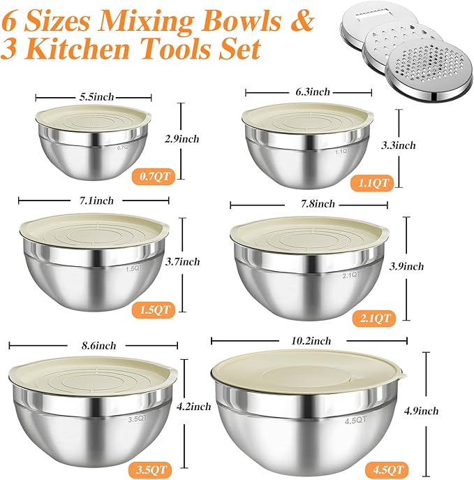 Mixing Bowls with Lids Set, 6 PCS Stainless Steel Mixing Bowls with 3 Grater Attachments, Kitchen Food Storage Organizers Nesting Mixing Bowl, Large Size 4.5, 3.5, 2.1, 1.5, 1.1, 0.7QT - Image 5