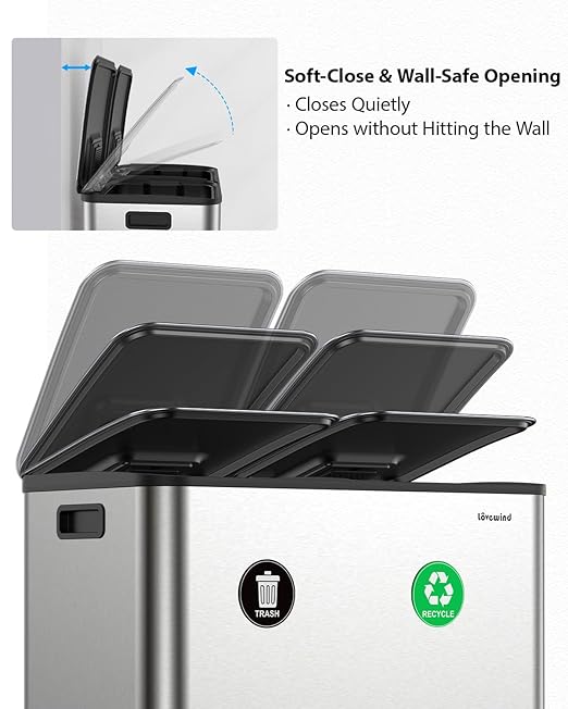 Dual Trash and Recycling Bins for Kitchen, 2×13 Gallon (2× 50L) Stainless Steel Trash and Recycle Bin Combo with Soft-Close Lid, Large Garbage Cans for Kitchen Home with 2 Magnets Sticker, Silver