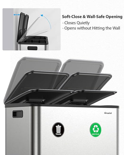 Dual Trash and Recycling Bins for Kitchen, 2×13 Gallon (2× 50L) Stainless Steel Trash and Recycle Bin Combo with Soft-Close Lid, Large Garbage Cans for Kitchen Home with 2 Magnets Sticker, Silver