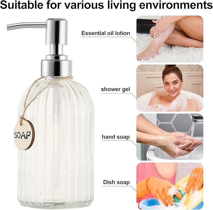 MOCLIF 16 OZ Soap Dispenser，Tempered Glass Clear Vertical Stripe with 304 Rust Proof Stainless Steel Pump Refillable Liquid Hand Soap Dispenser，for Bathroom, Kitchen, Dish Soap，Lotion (Clear) - Image 4