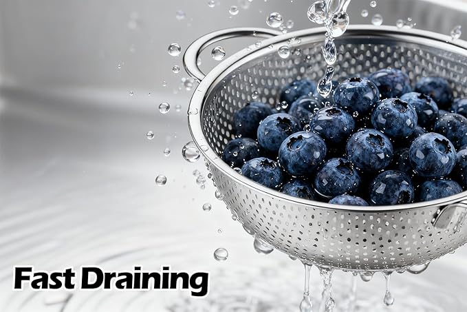 Leonyo Stainless Steel Colander for Kitchen, Micro-Perforated Metal Strainer with Handles for Draining Pasta, Strainers and Colanders Set of 3(1-3-5Quart) for Rinsing, Steaming, Dishwasher Safe - Image 5