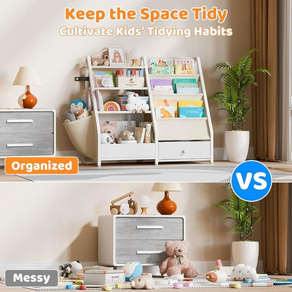 HAVLOTII Kids Bookshelf and Toy Storage - Book Shelf for Kids Rooms, Toddler Bookshelf Baby Bookcase for Nursery, Montessori Toy Organizer, White