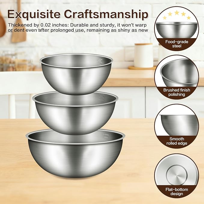 Gronivex Stainless Steel Mixing Bowls Set of 3 (1.5, 2.2, 3.4 Qt) - Food Grade 304, Nesting Design, Dishwasher Safe for Baking, Salad Prep & Cooking - Image 2